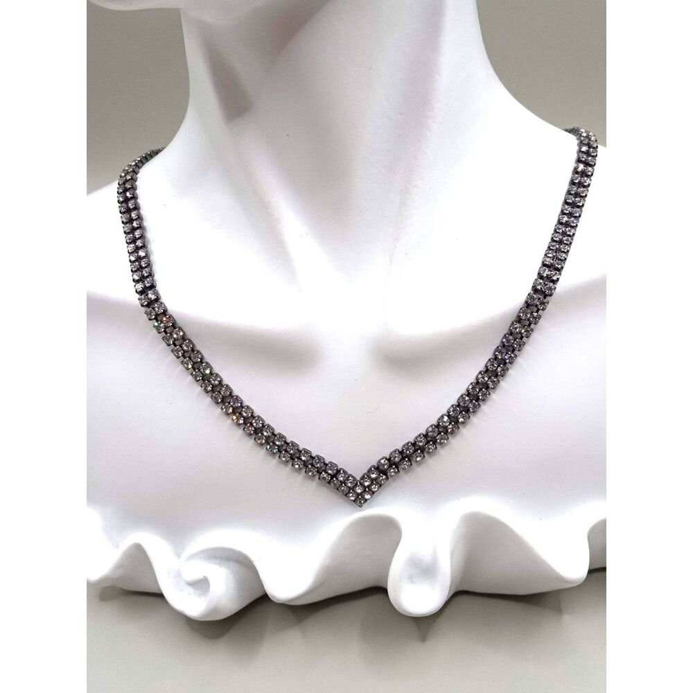 Vintage Diamante Crystal Necklace, Vintage Crystal Two Strand Chevron Necklace